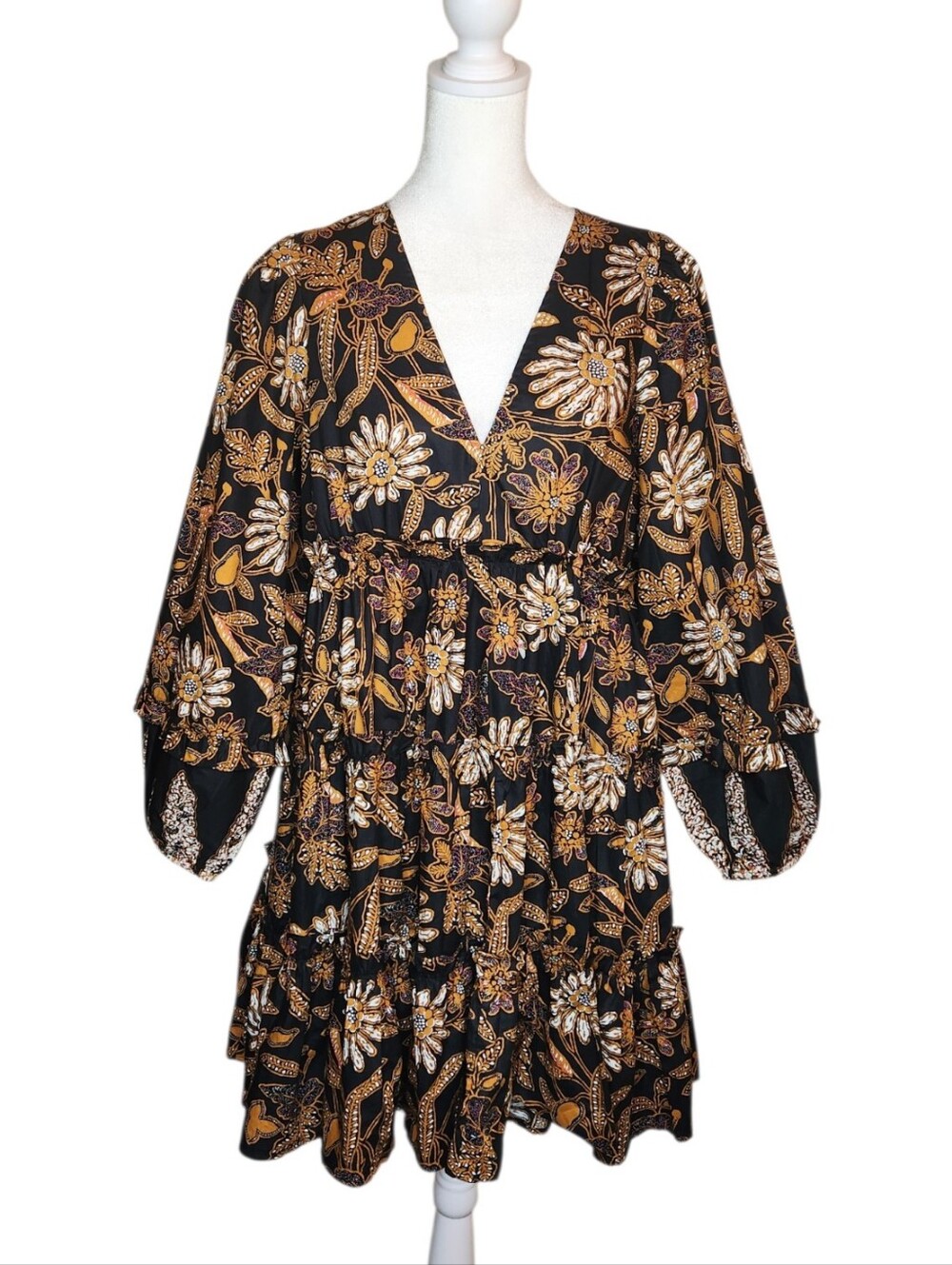 Cleobella Tilda Tiered Mini Dress V Neck Magnolia Black Multi Size XS